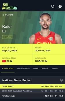 国际篮联资料显示 李凯尔所属国家队为中国男篮